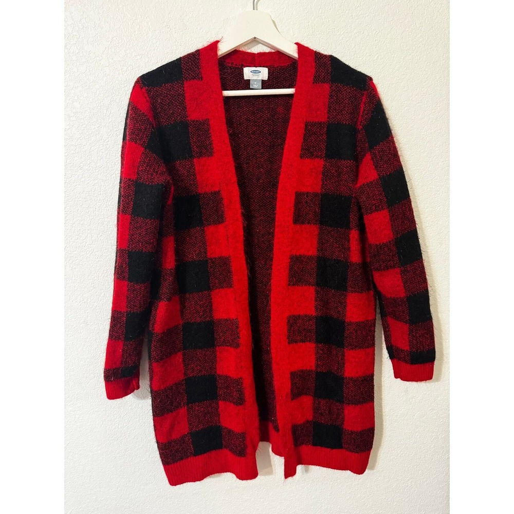 Old Navy Red Black Buffalo Plaid Open Front Long Sleeve Cardigan Sweater Medium